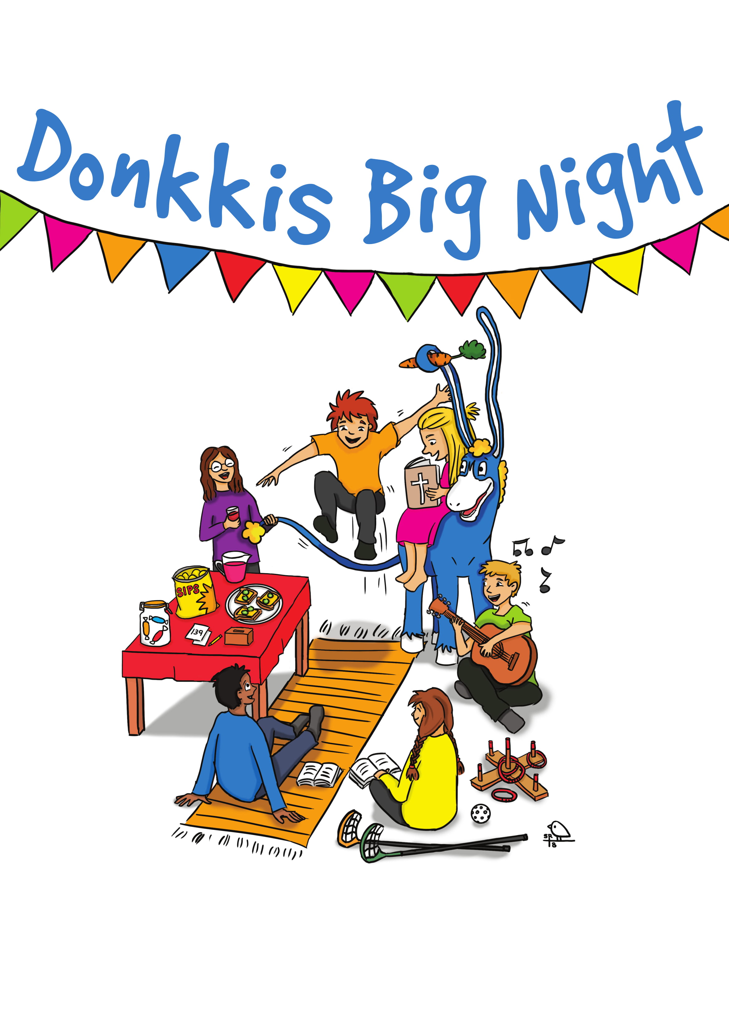 Donkkis Big Night-ilta alakouluikäisille (7-11-vuotiaille) tytöille ja pojille Juliste, jossa kuva lapsista ja Donkkis-aasista
